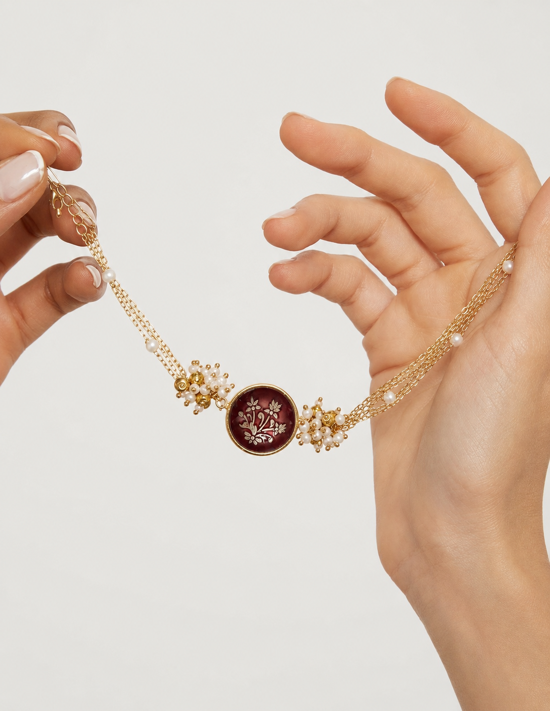 Burgundy Floral Medallion with Delicate Gold Chains