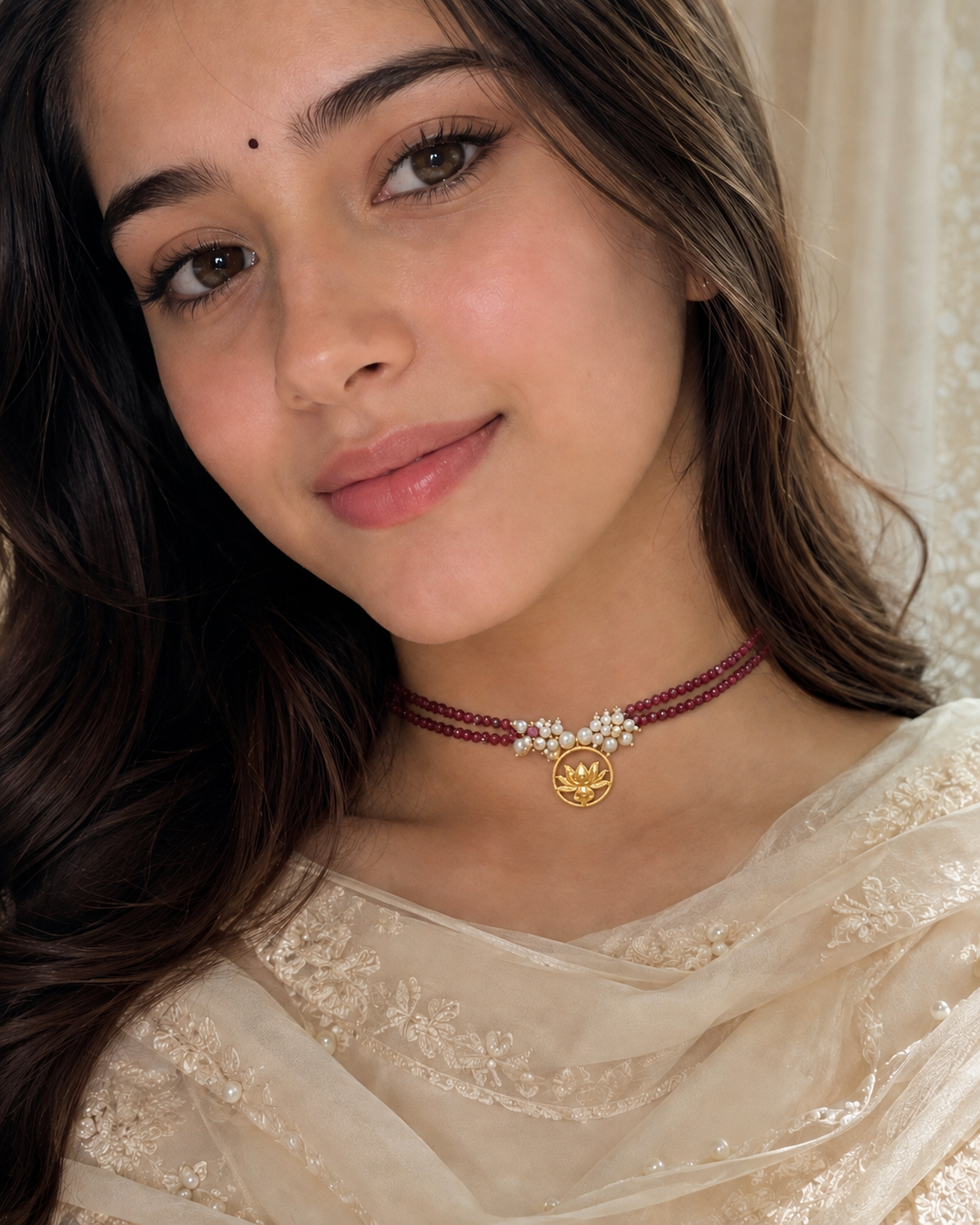 Ruby-Red Strands with the Lotus Pendant