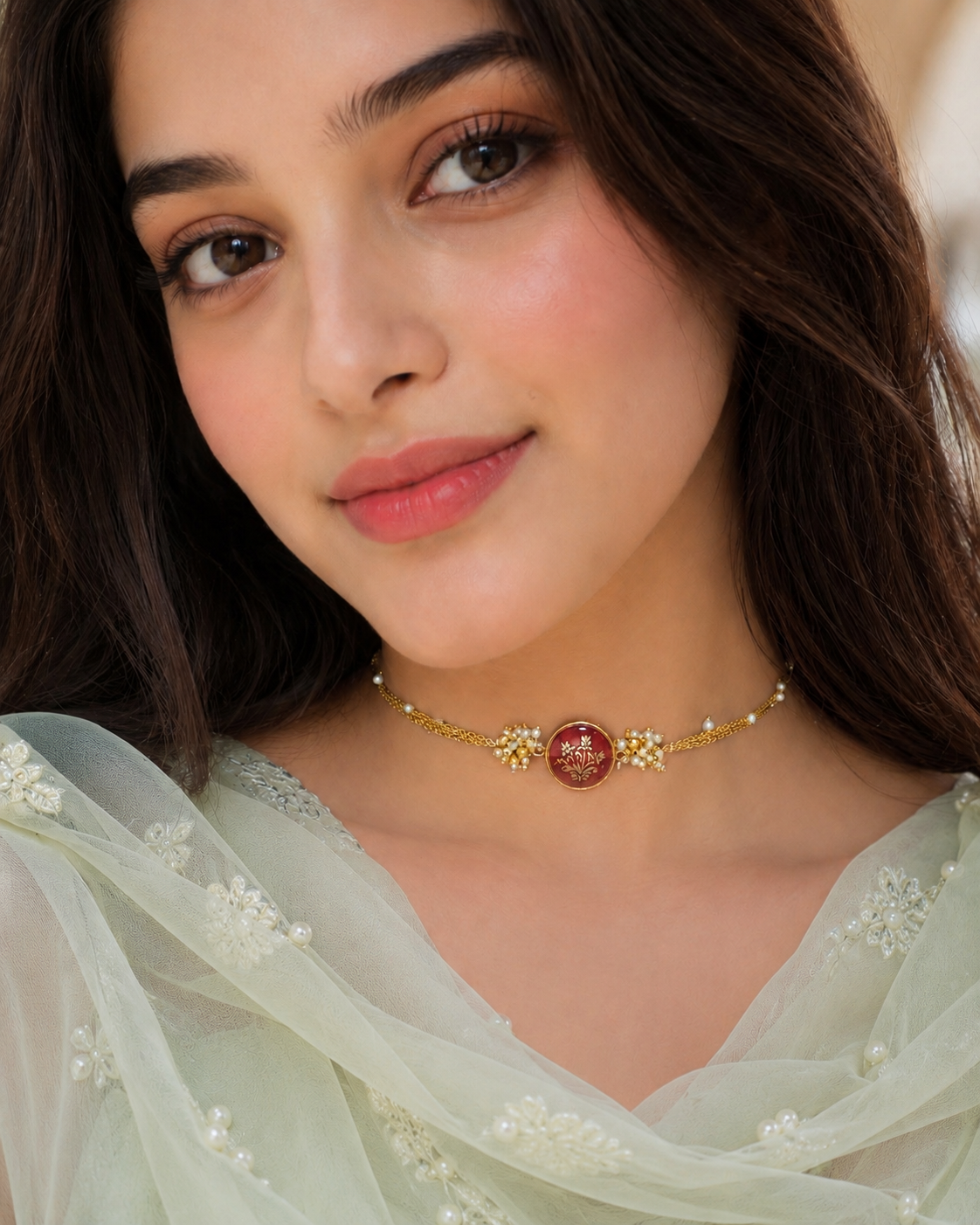 Burgundy Floral Medallion with Delicate Gold Chains
