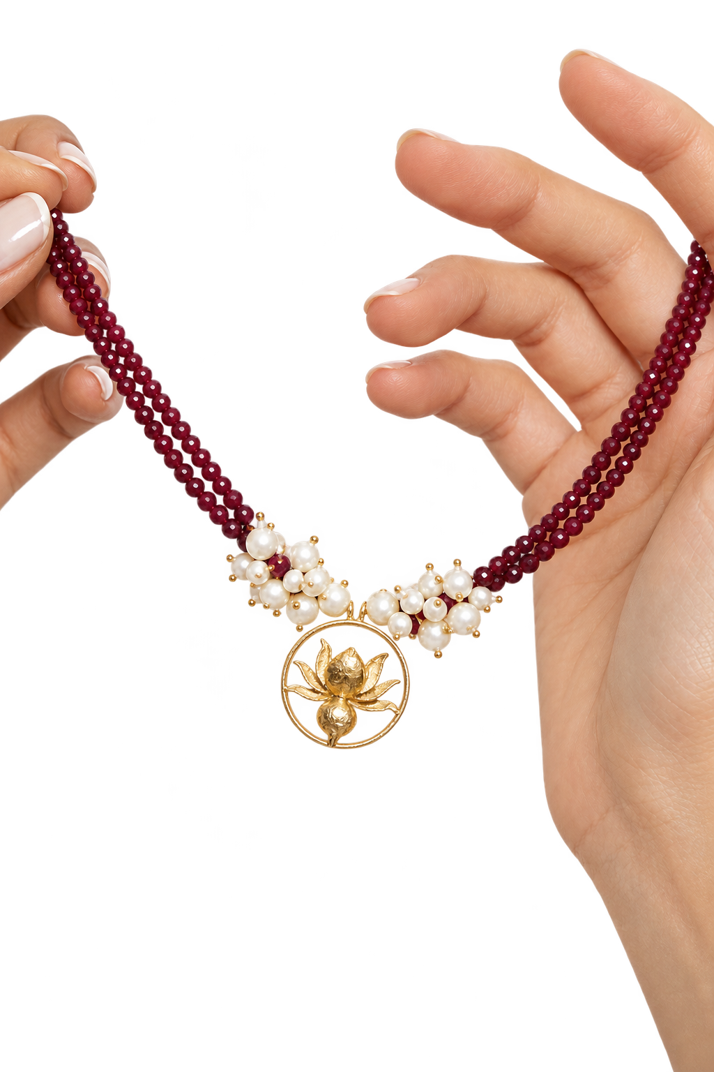 Ruby-Red Strands with the Lotus Pendant
