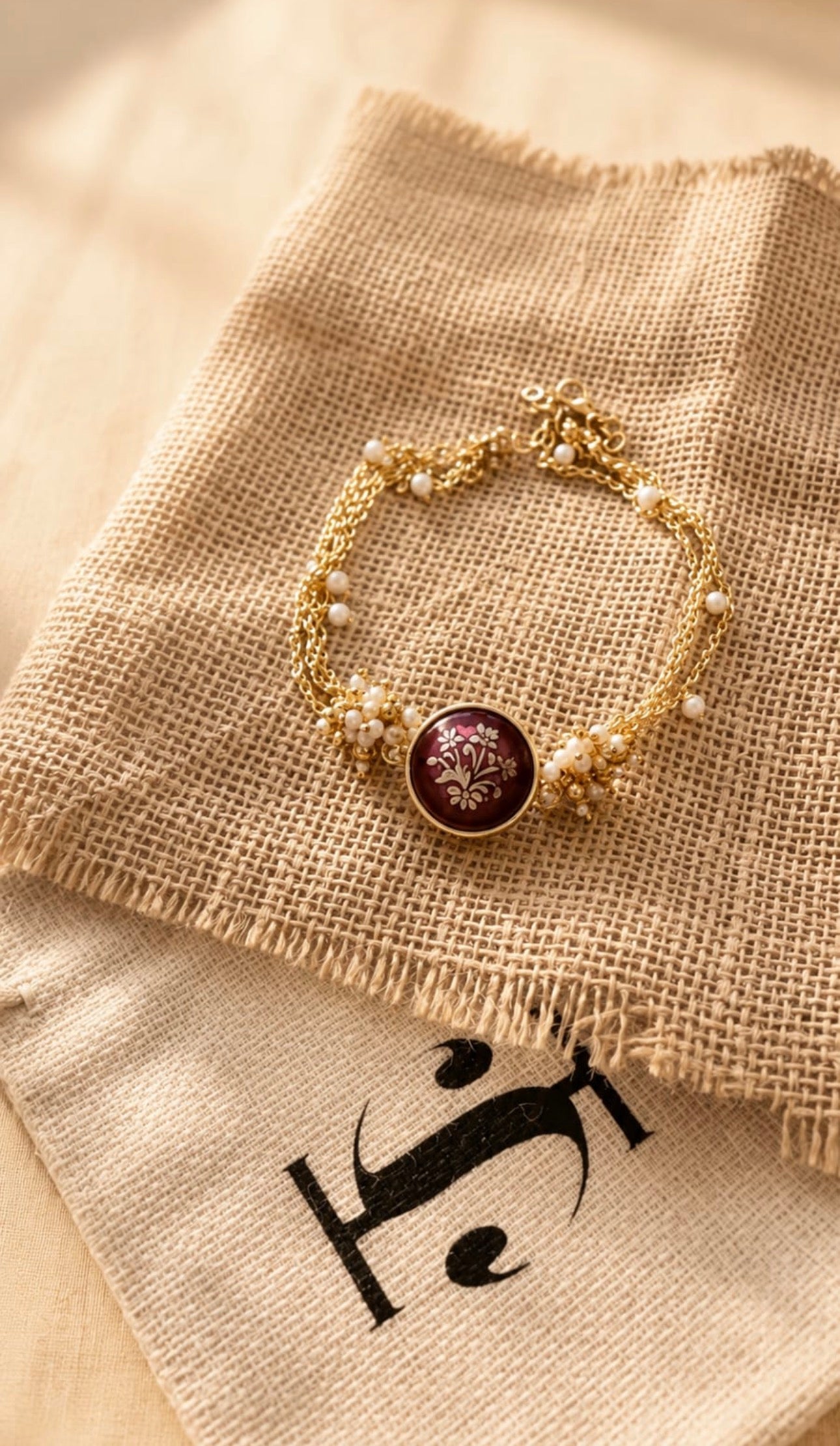 Burgundy Floral Medallion with Delicate Gold Chains